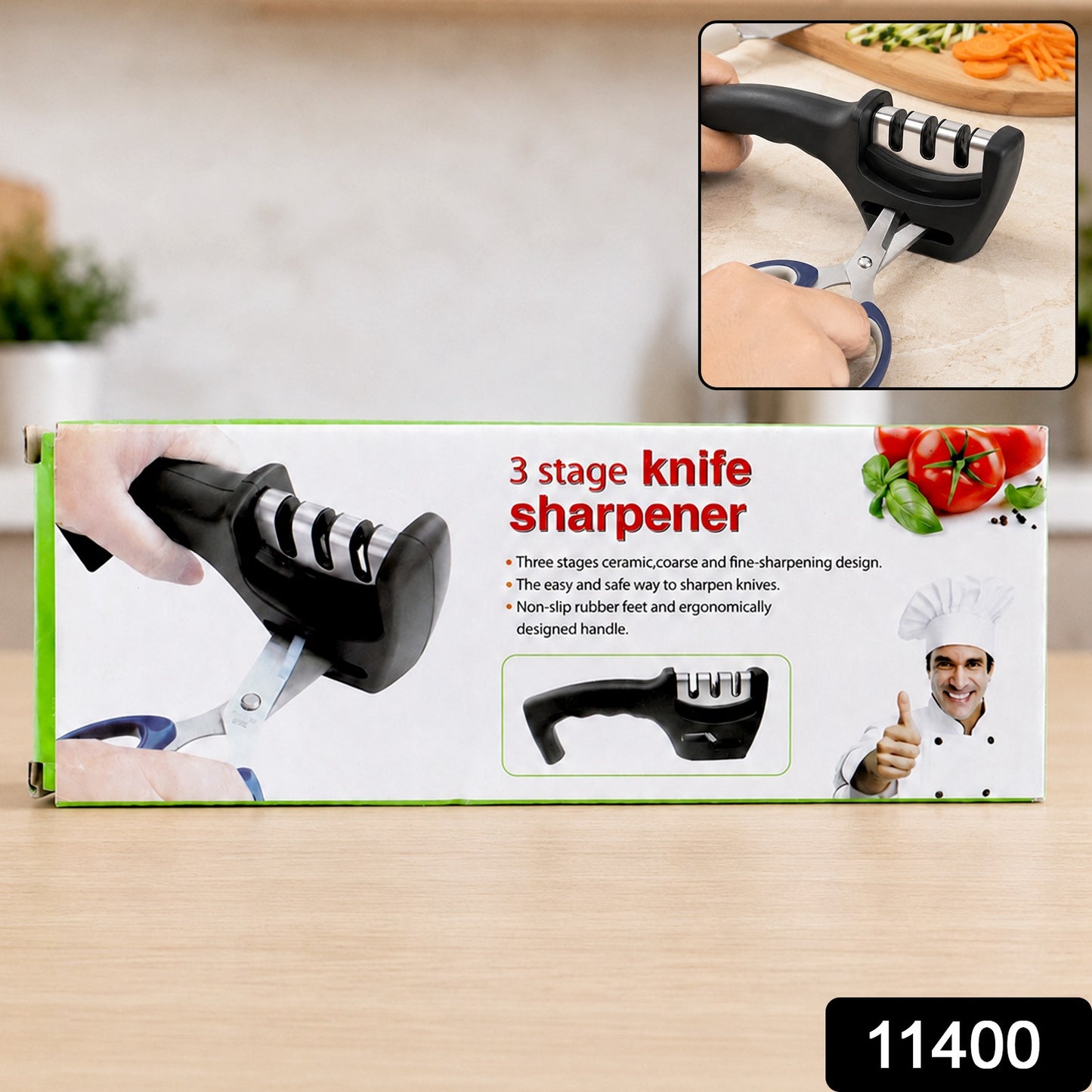 Three Stage Manual Knife Sharpener for Effortless Blade Restoration