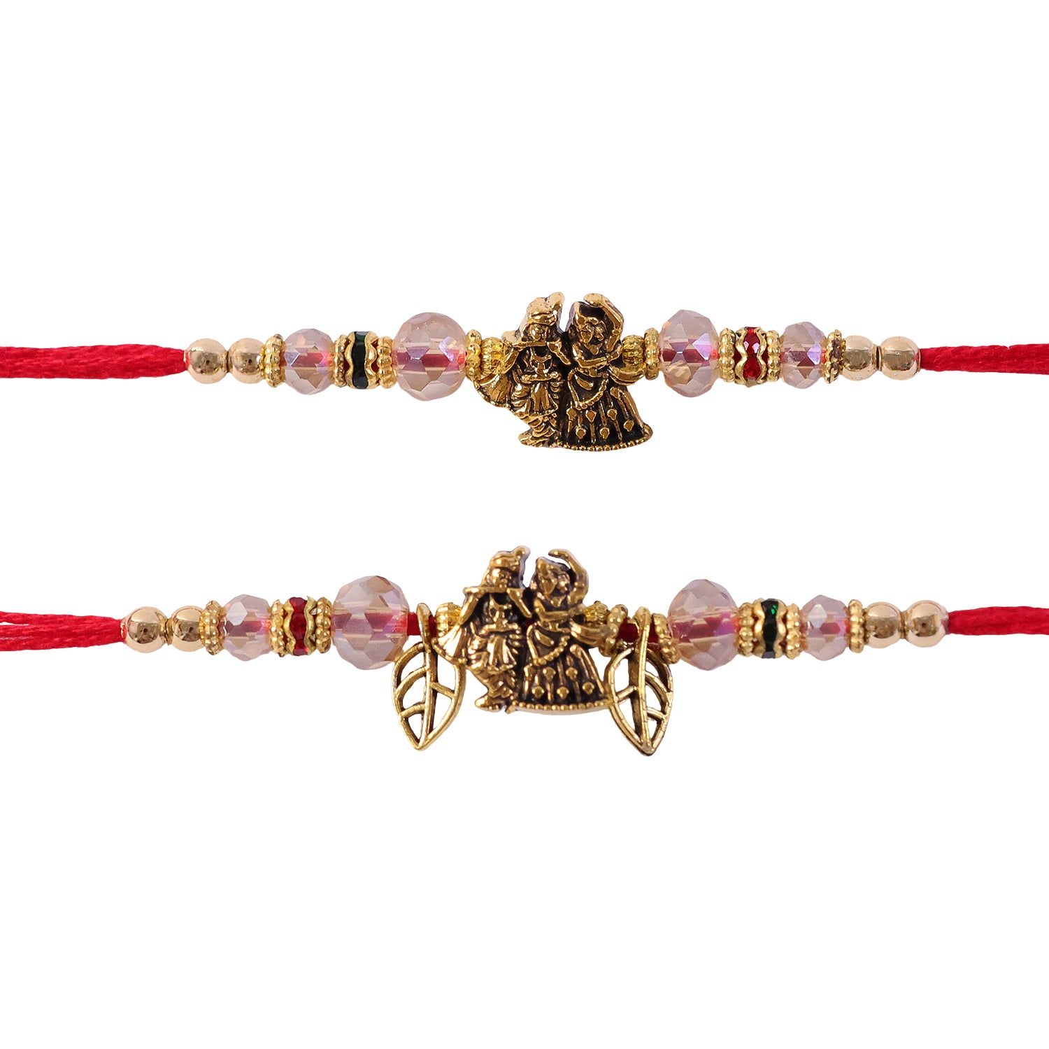 Radha Krishna Couple Rakhi Set with Pink Crystal Beads and Antique Leaf Charm Gift
