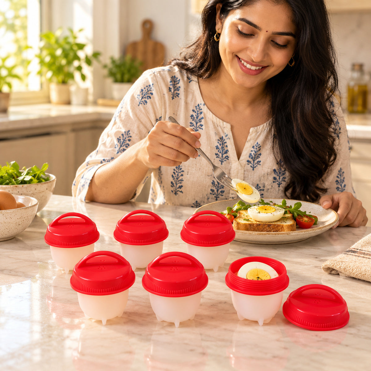 Silicone Egg Steamer Mould Cups with Removable Red Lids (6 Pc)
