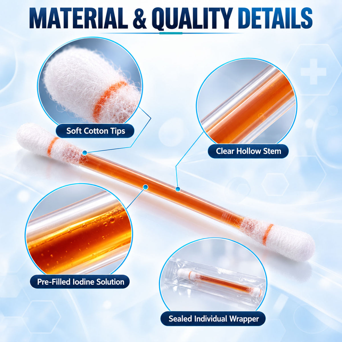 Individually Wrapped Iodine Swab Sticks with Dual Cotton Tips (50 Pc)