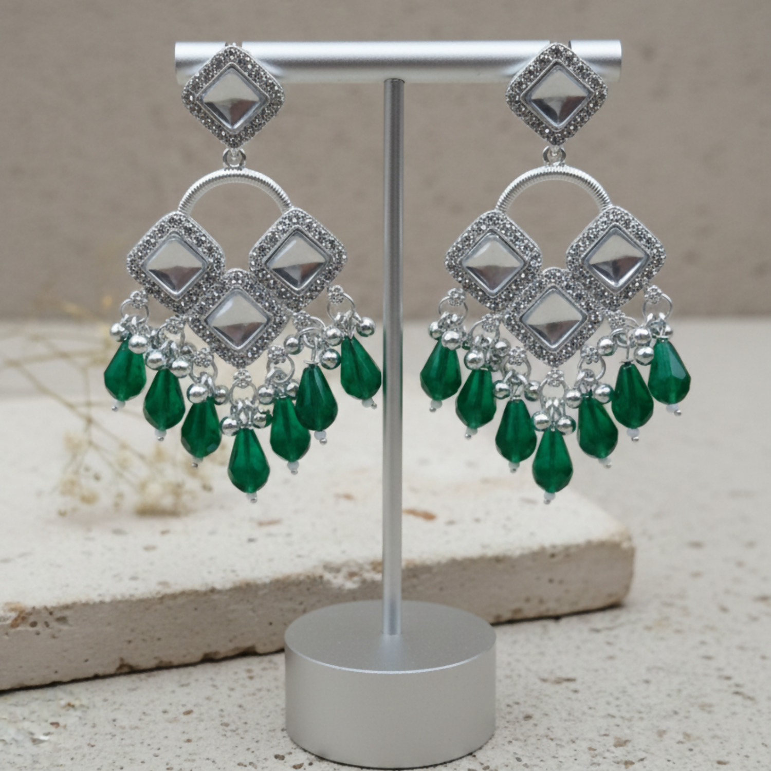 Elegant Silver Plated Chandelier Earrings Featuring Square Crystals and Green Teardrop Beads