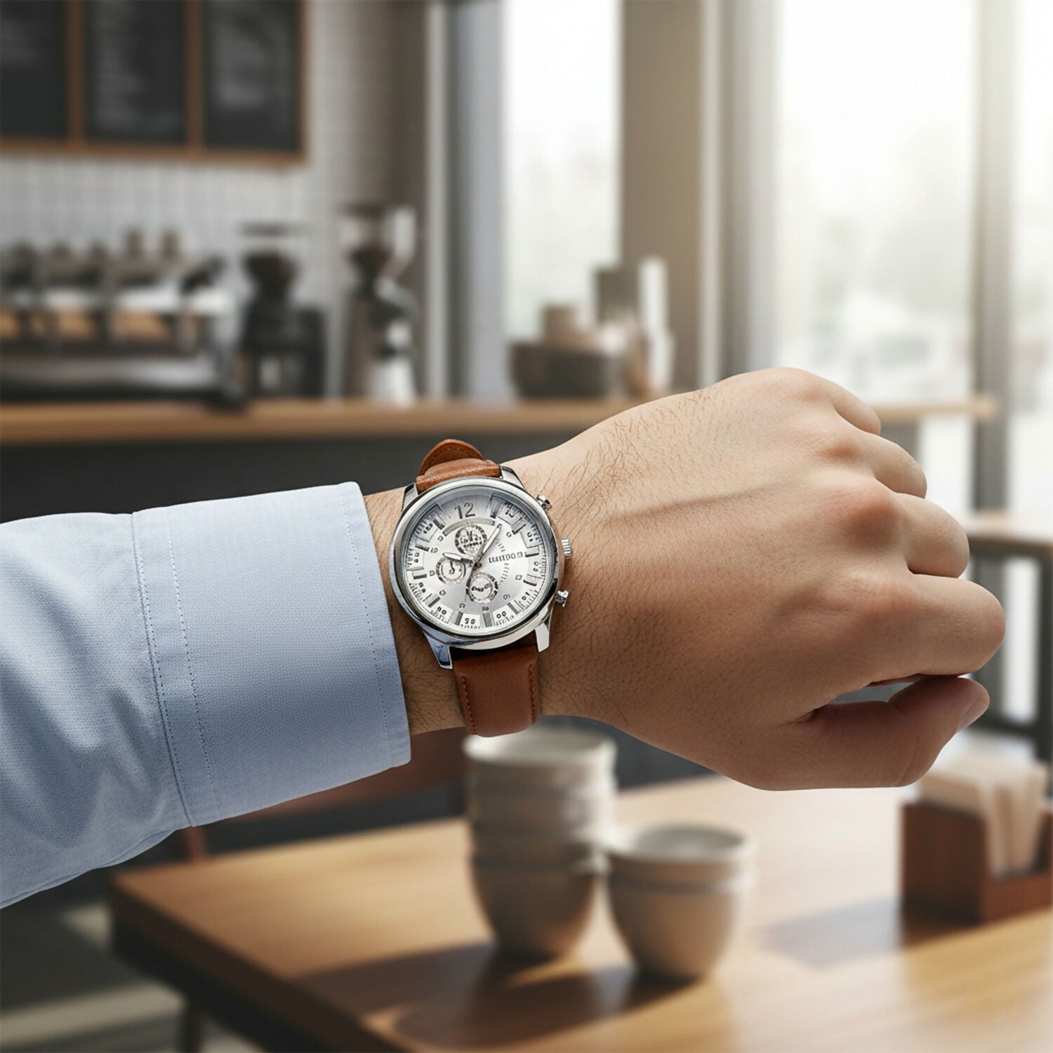 Men’s Analog Wrist Watch with Brown Strap and White Dial for Daily & Office Use