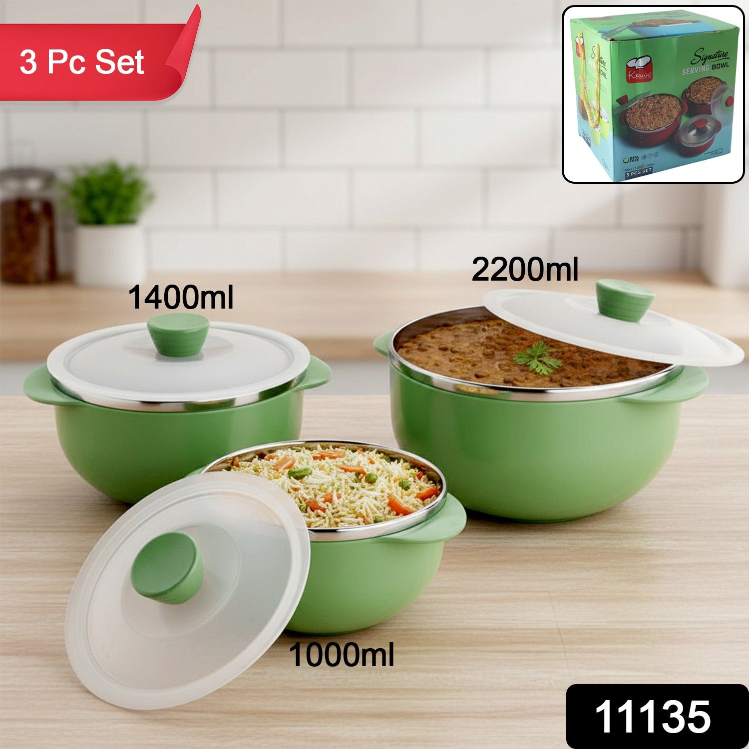 Multipurpose kitchen serving bowl set of 3 with lids