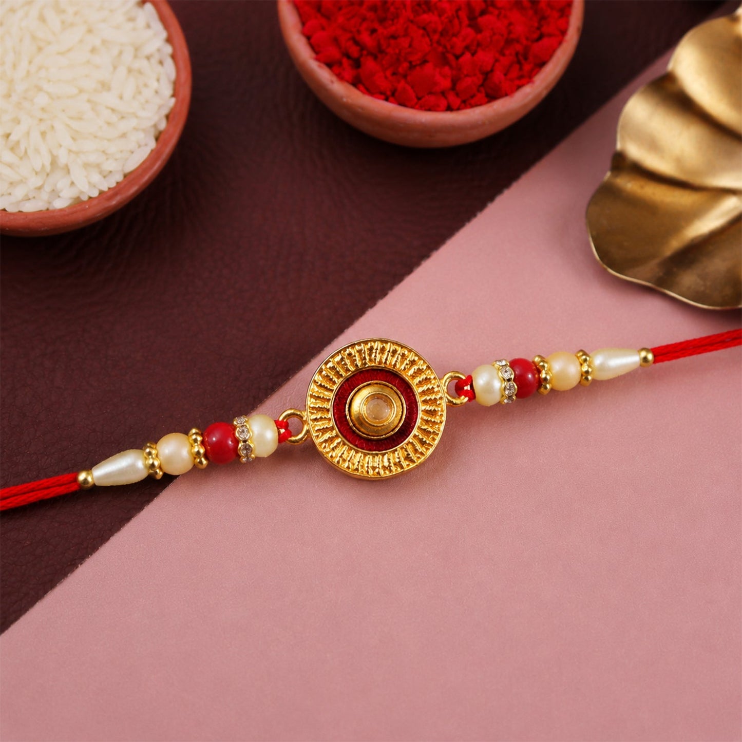 Traditional Round Rakhi with Pearl Beads for Rakshabandhan - Elegant and Festive (5pcs)