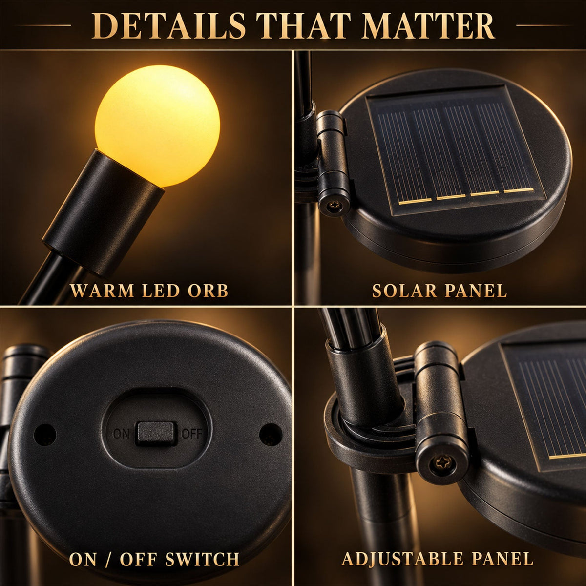 Four close-up details of the solar firefly light: a warm LED orb, the solar panel, an on/off switch, and the adjustable