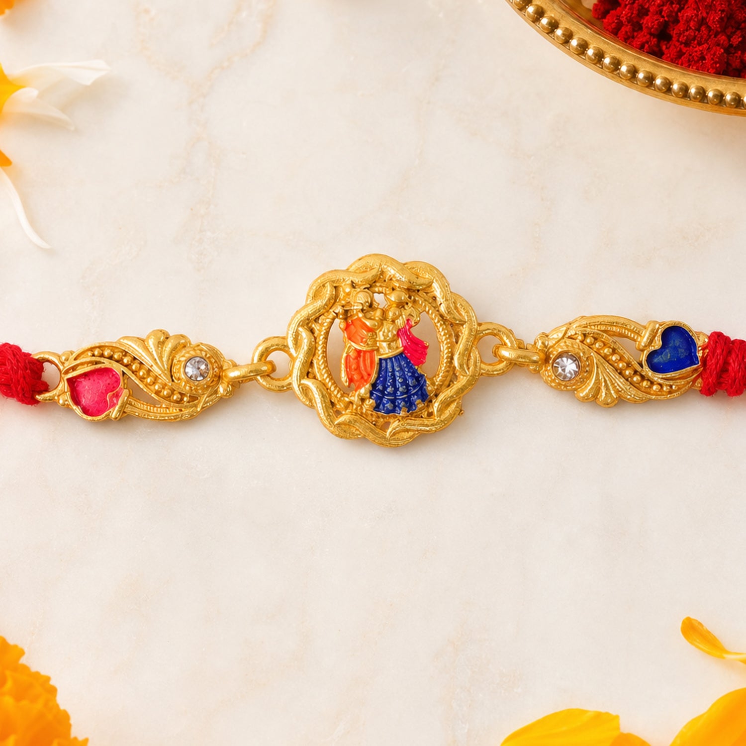 Gold-Toned Radha Krishna Rakhi with Multicolor Enamel, Crystal Accents & Red Thread