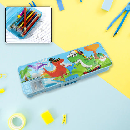 Plastic Multipurpose Compass Box – Double Deck Pencil Case with 2 Compartments & Cartoon Organizer (1 Pc, Mix Design)