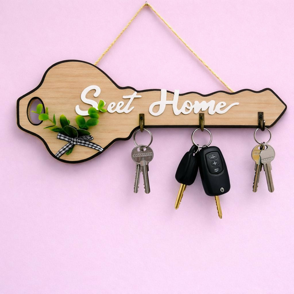 Wooden Key Shape Key Holder Wall Mount with 4 Hooks Organizer