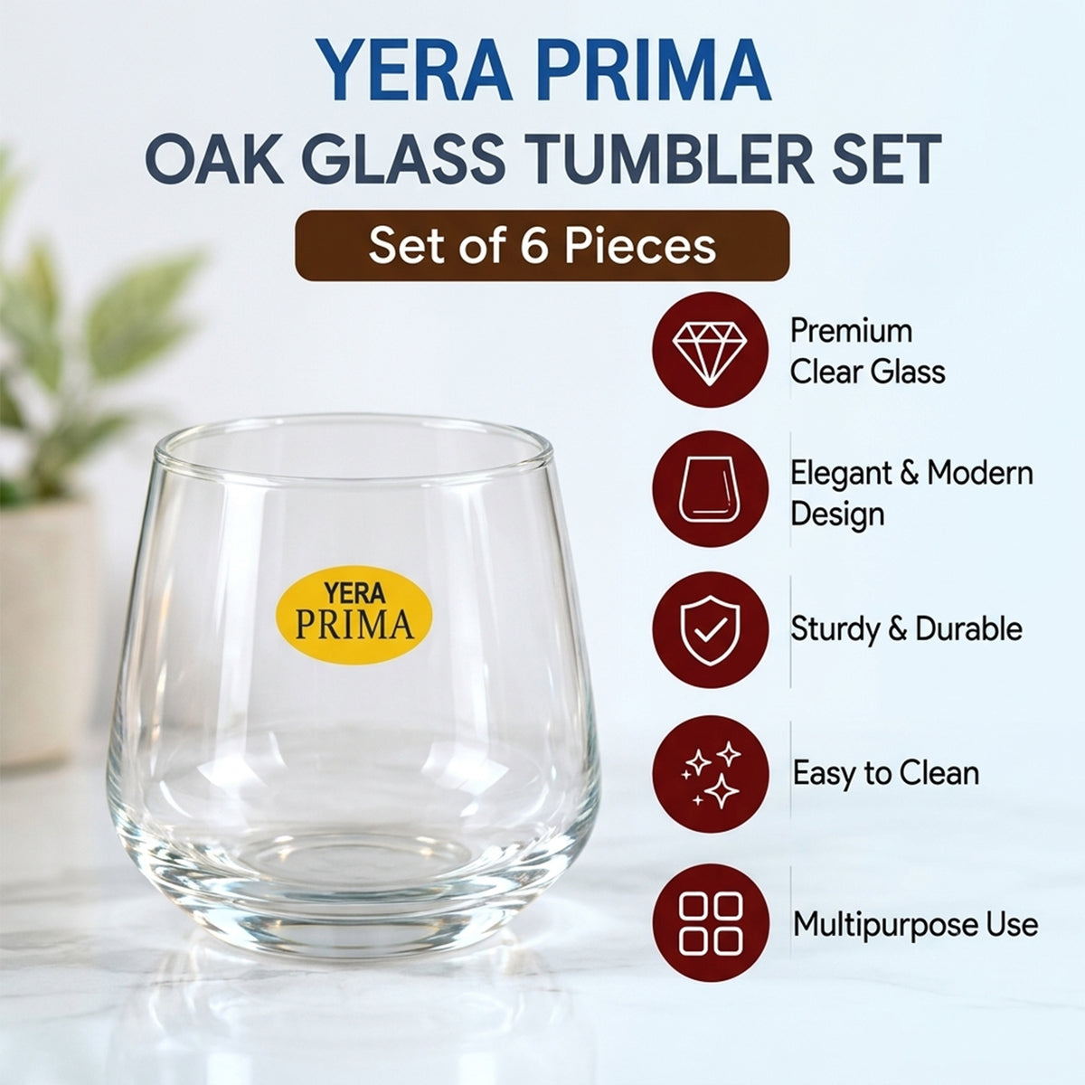Yera Prima Oak Clear Glass Tumbler Set for Water, Juice and Drinks (6 Pc)