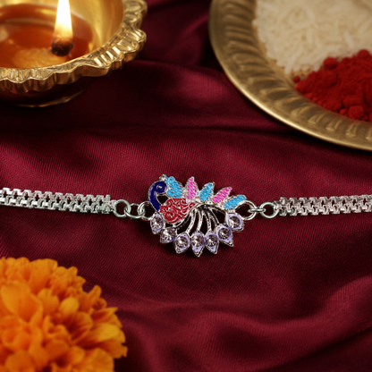 Peacock Rakhi, Enamel Finish Silver-Tone Design for Raksha Bandhan (5pcs)