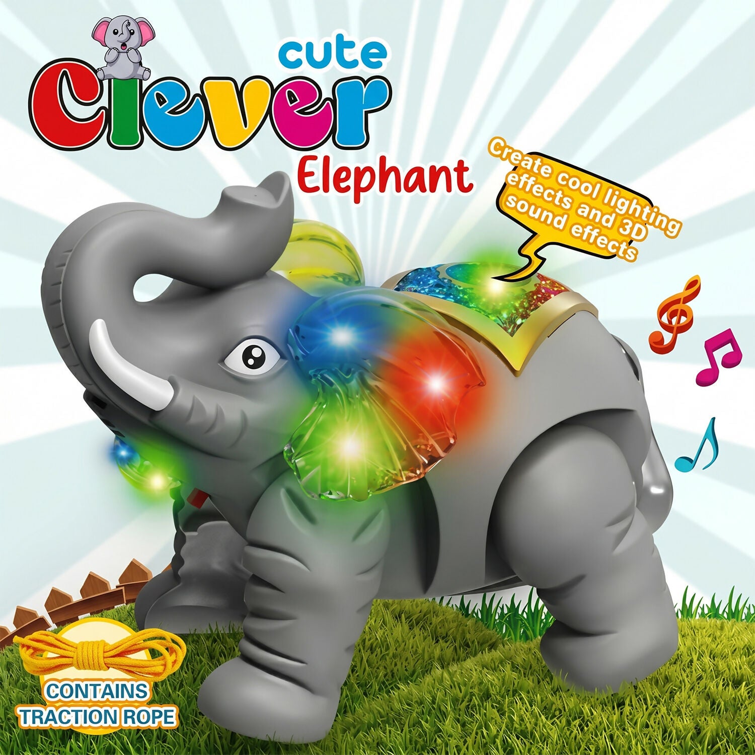 Elephant pull toy glowing LED ears detail