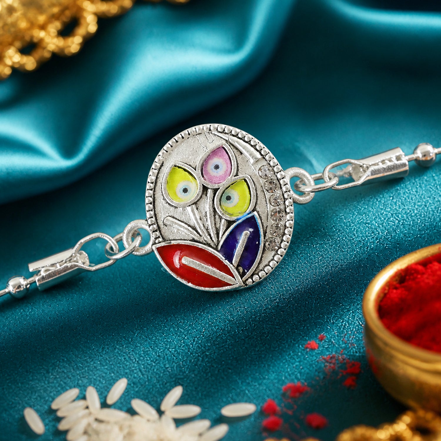 Leaft Evil Eye Motif Enamel Crystal Studded Silver Chain Designer Rakhi