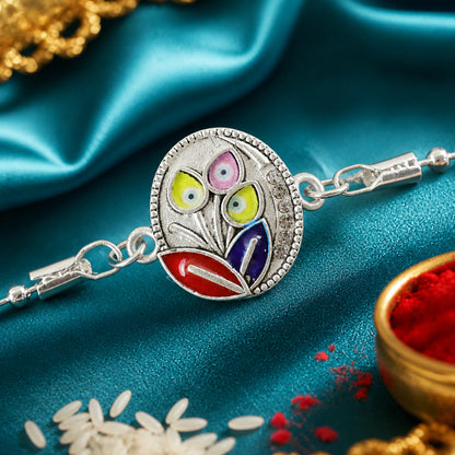 Leaft Evil Eye Motif Enamel Crystal Studded Silver Chain Designer Rakhi