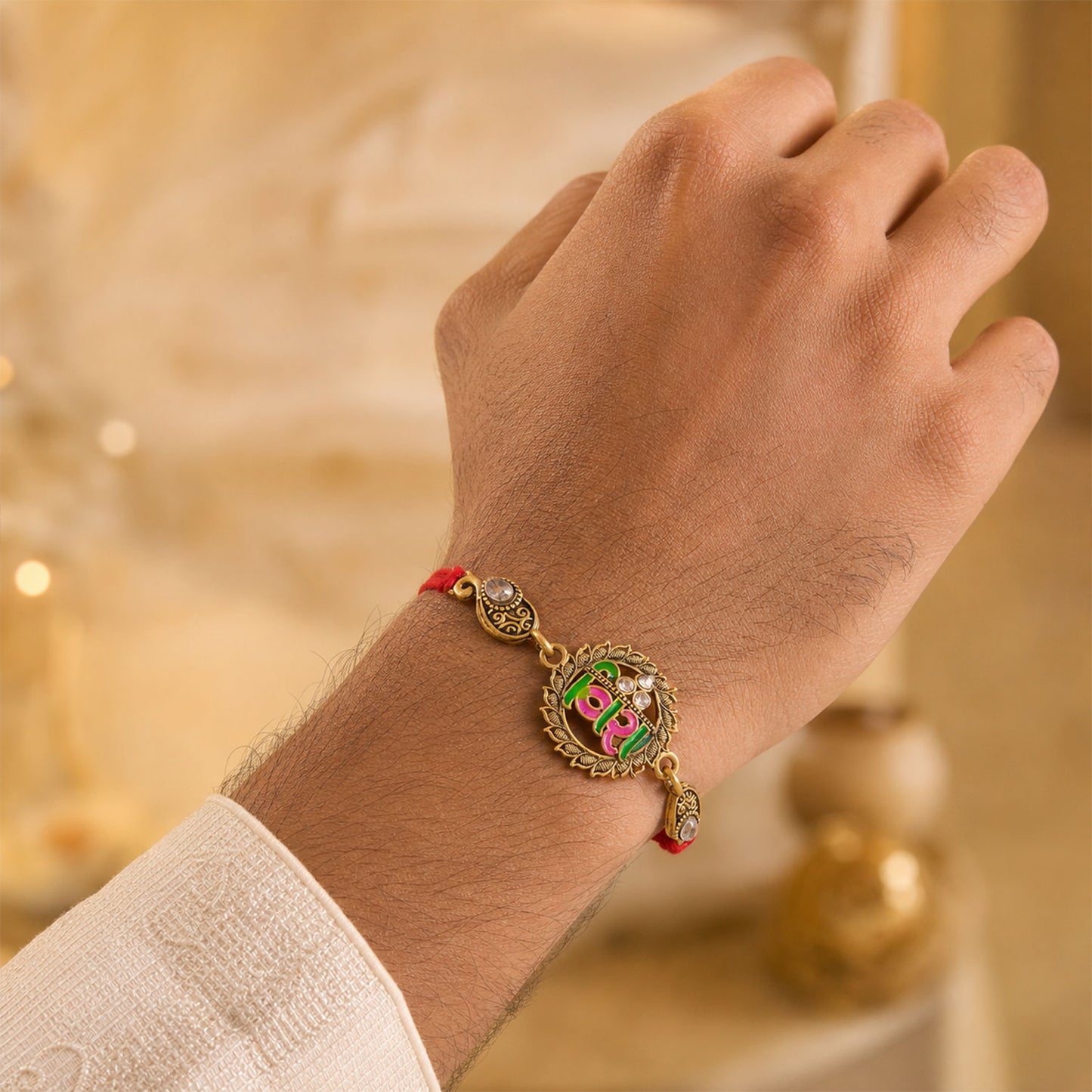 Antique Gold-Toned Veera Rakhi with Pink-Green Enamel, Crystal Accents & Red Thread
