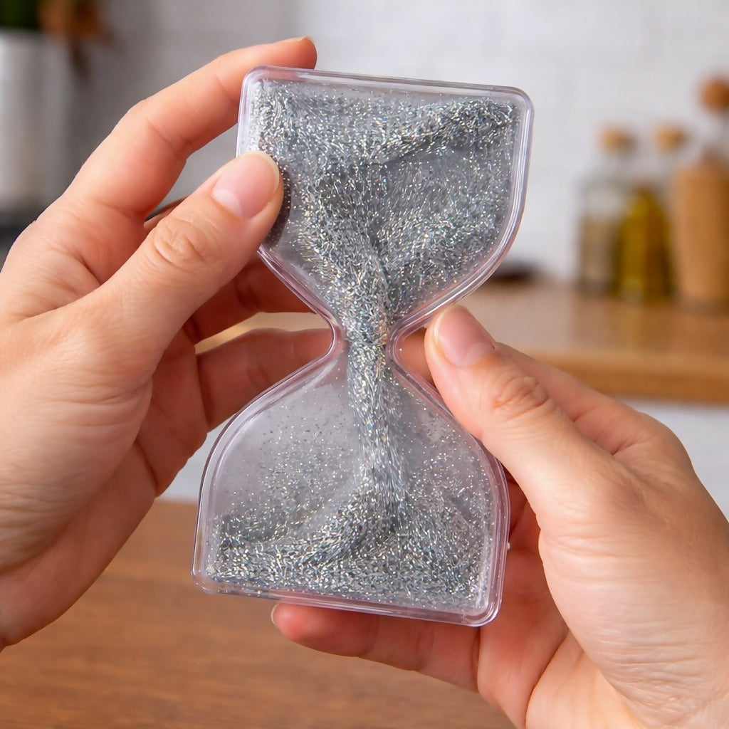 Close-up of flowing silver glitter in hourglass timer