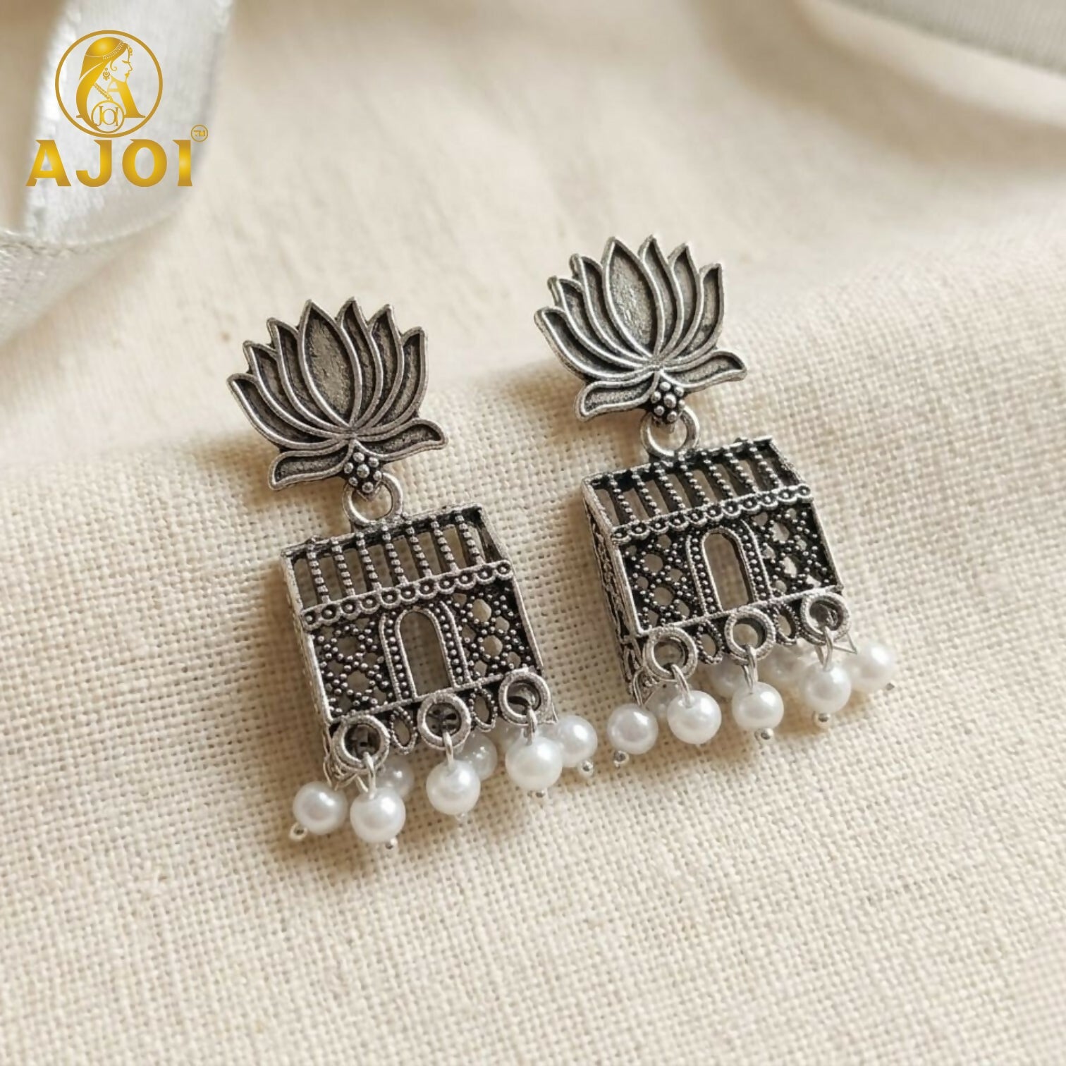 Oxidised Silver Lotus Pearl Drop Earrings – Elegant Handmade Pair