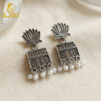 Oxidised Silver Lotus Temple Pearl Drop Earrings (1 Pair)