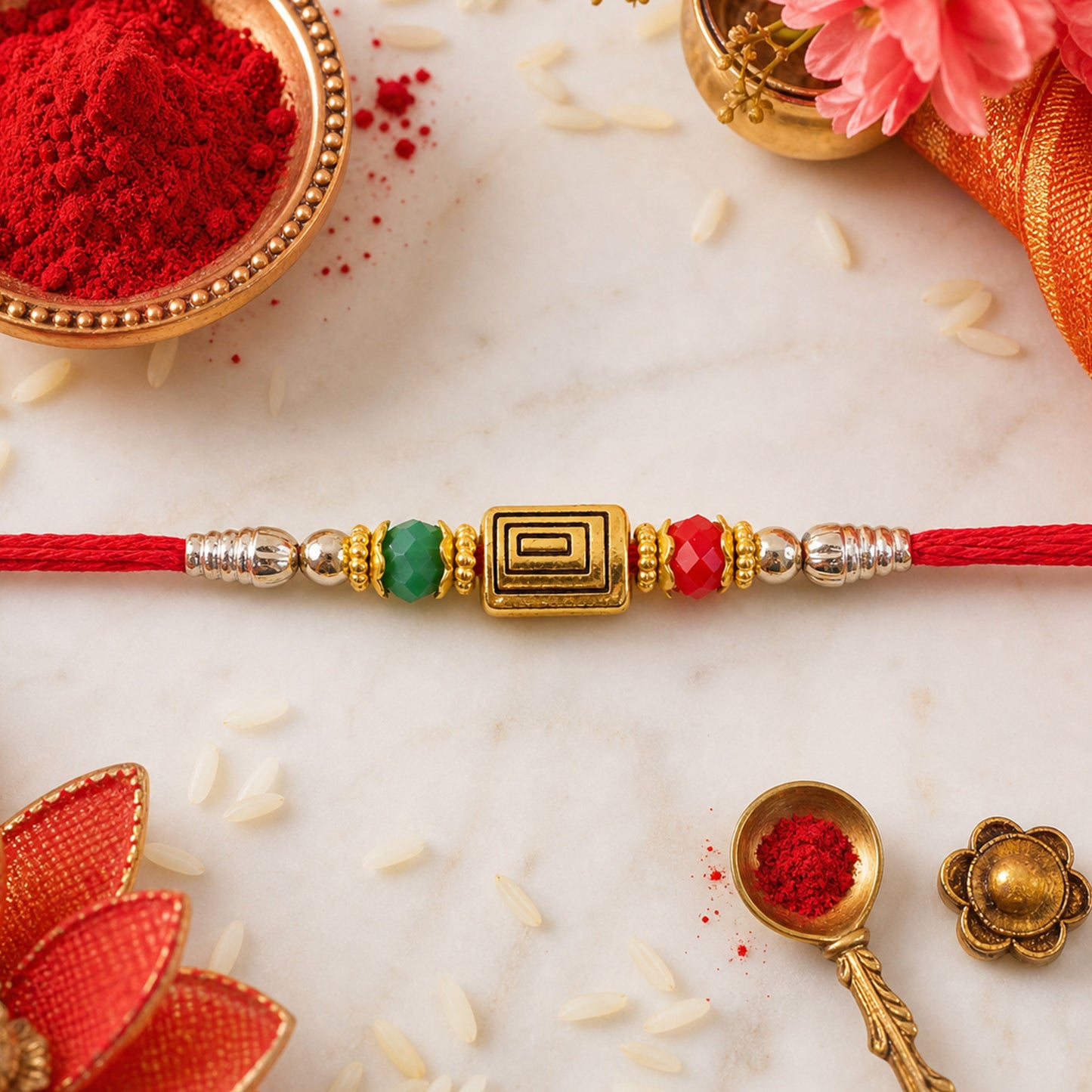 Red Thread Rakhi with Carved Golden Rectangular Charm Pendant