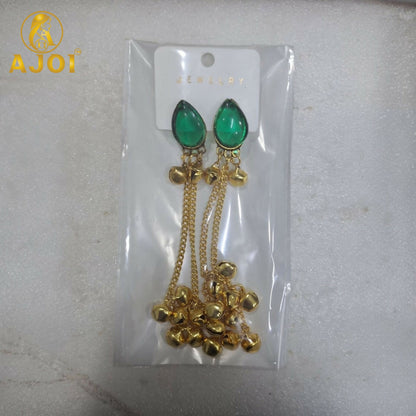 Back view of a green stone gold plated drop earring, showing the hook