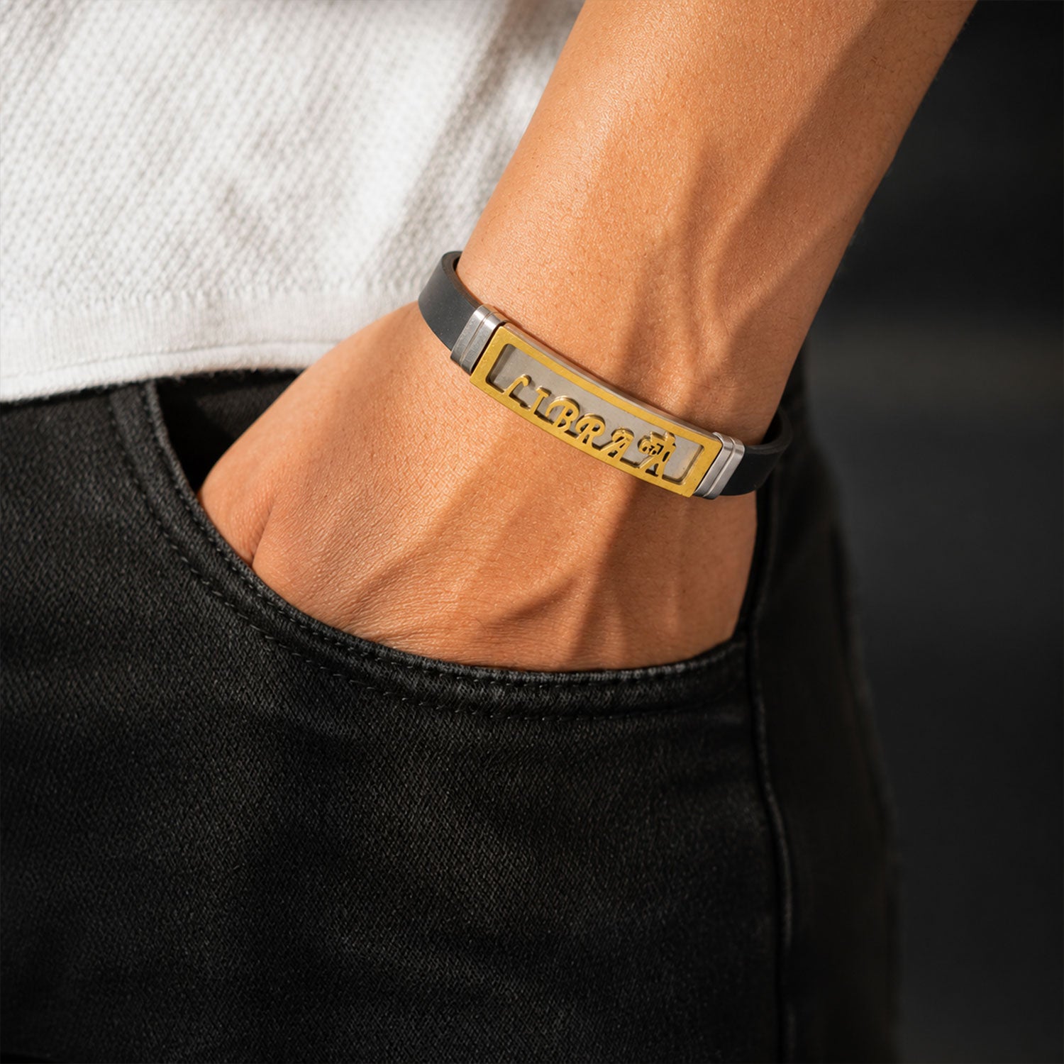Libra Bracelet Rakhi with Black Band and Gold Zodiac Plate for Raksha Bandhan Gift