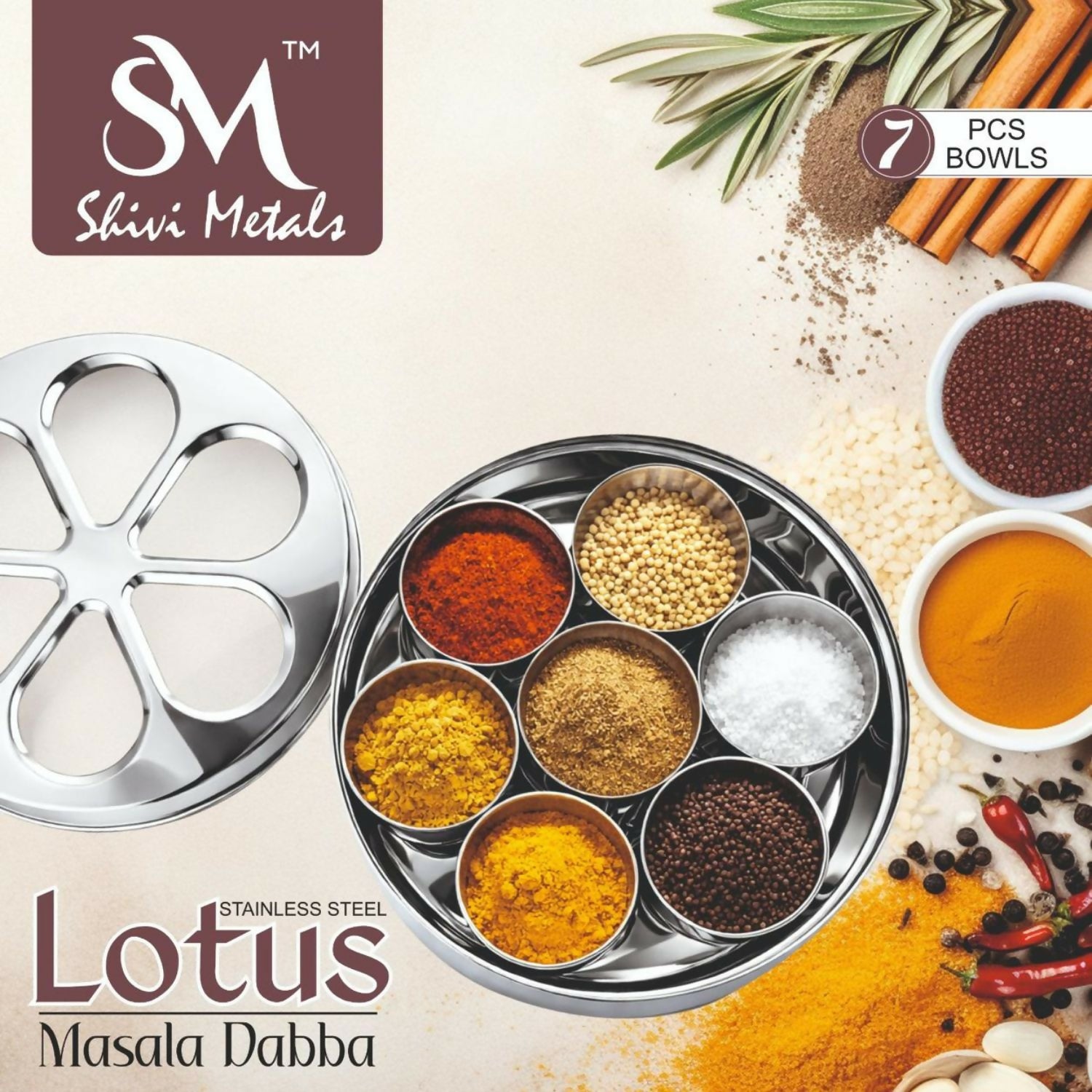 Lotus Masala Dabba Set with 7 stainless steel bowls and spoon