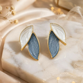 Gold Tone Leaf Stud Earrings for Women Blue White Enamel Elegant Fashion Jewelry Pair