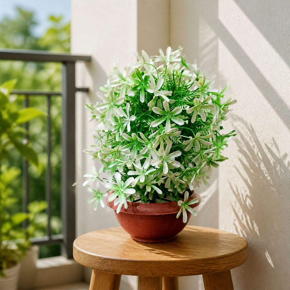Artificial White Flower Plant with Brown Bowl Pot Green Leaves Home Office Decor