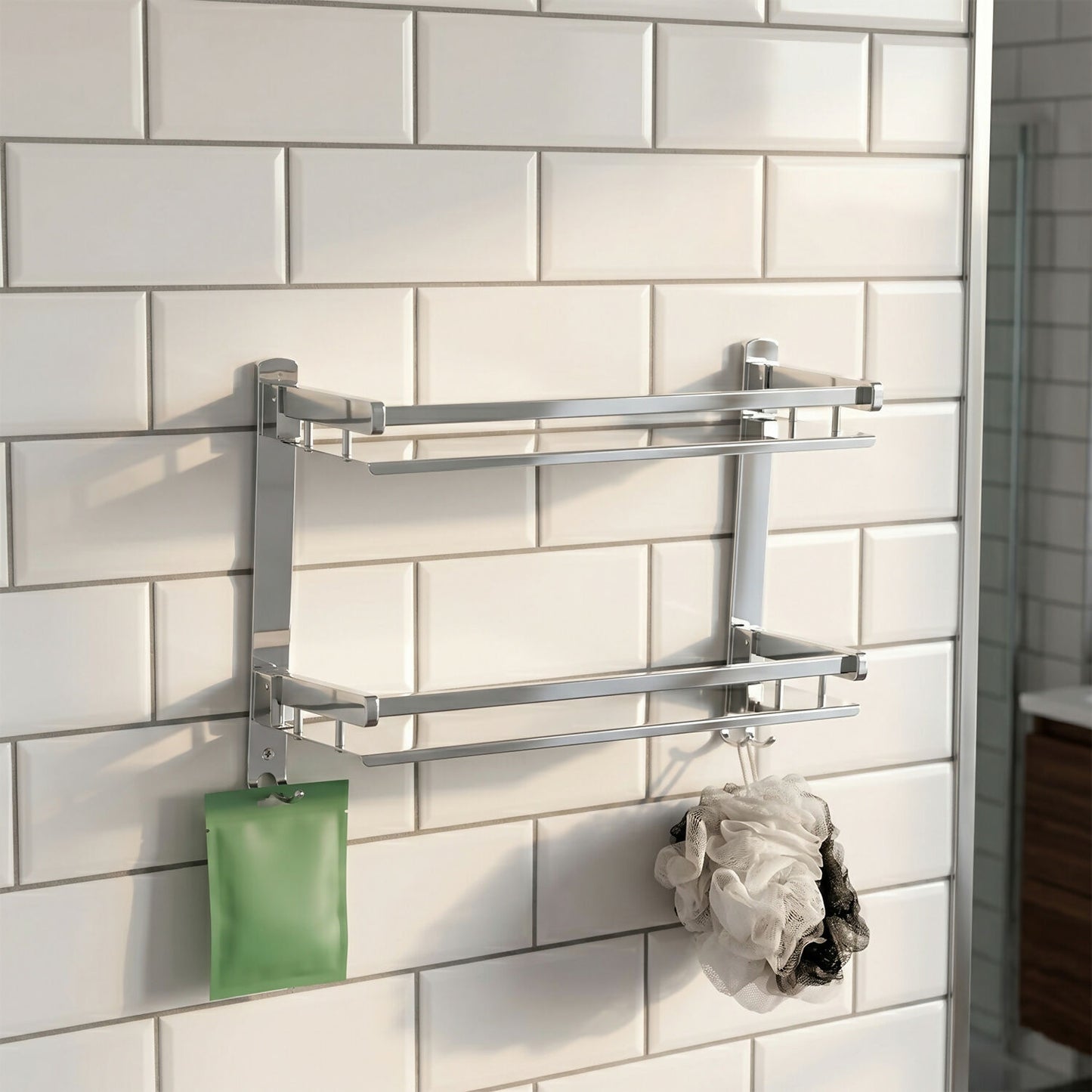 Side view of wall mounted bathroom rack with folded frame