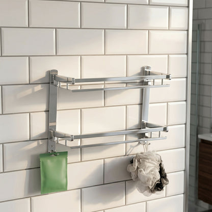 Side view of wall mounted bathroom rack with folded frame