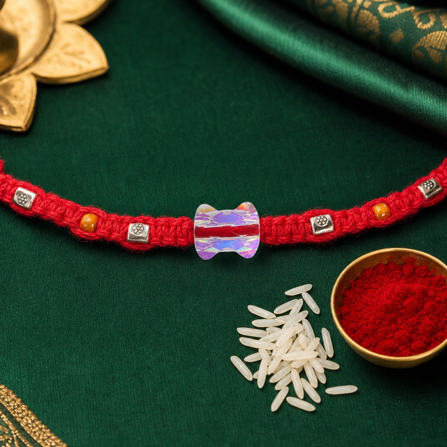 Red Braided Rakhi with an Iridescent Bow-Tie Shaped Crystal Bead