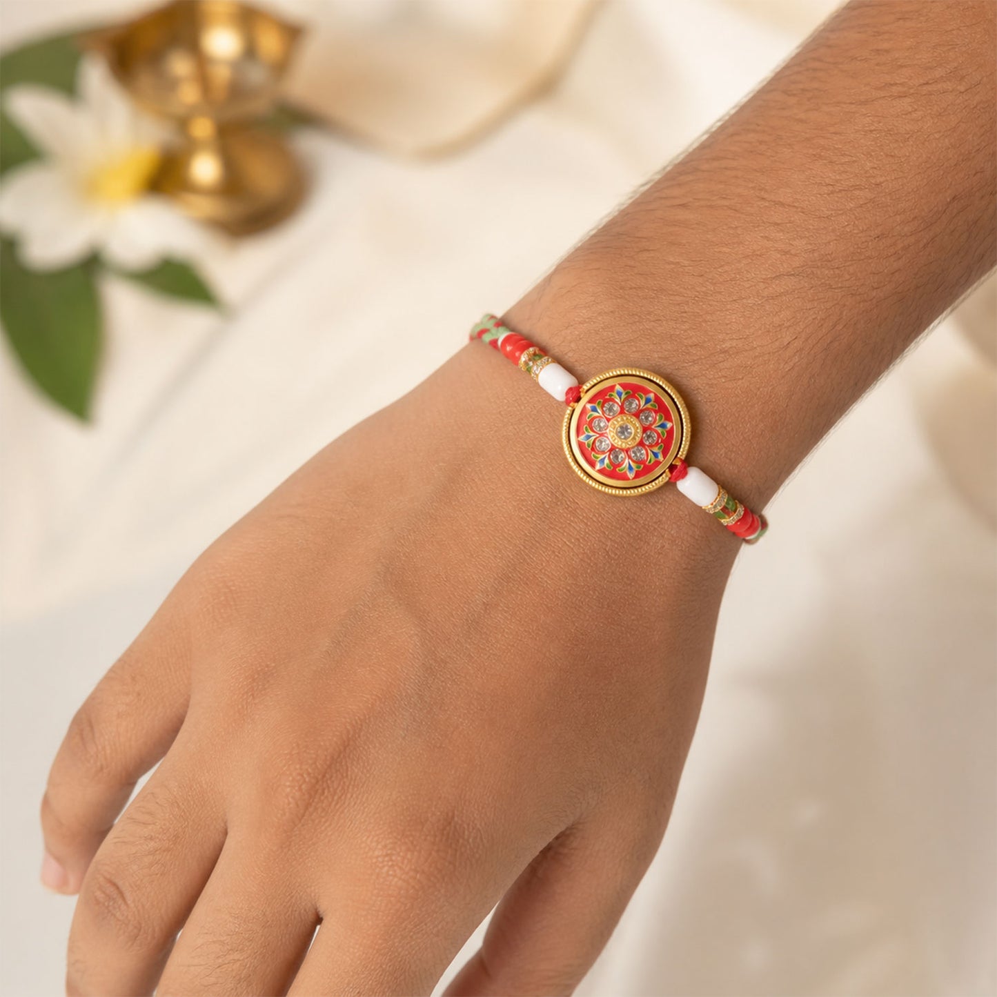 Round Mandala Meenakari Bhai Bhabhi Lumba Rakhi with Pearl Tassels