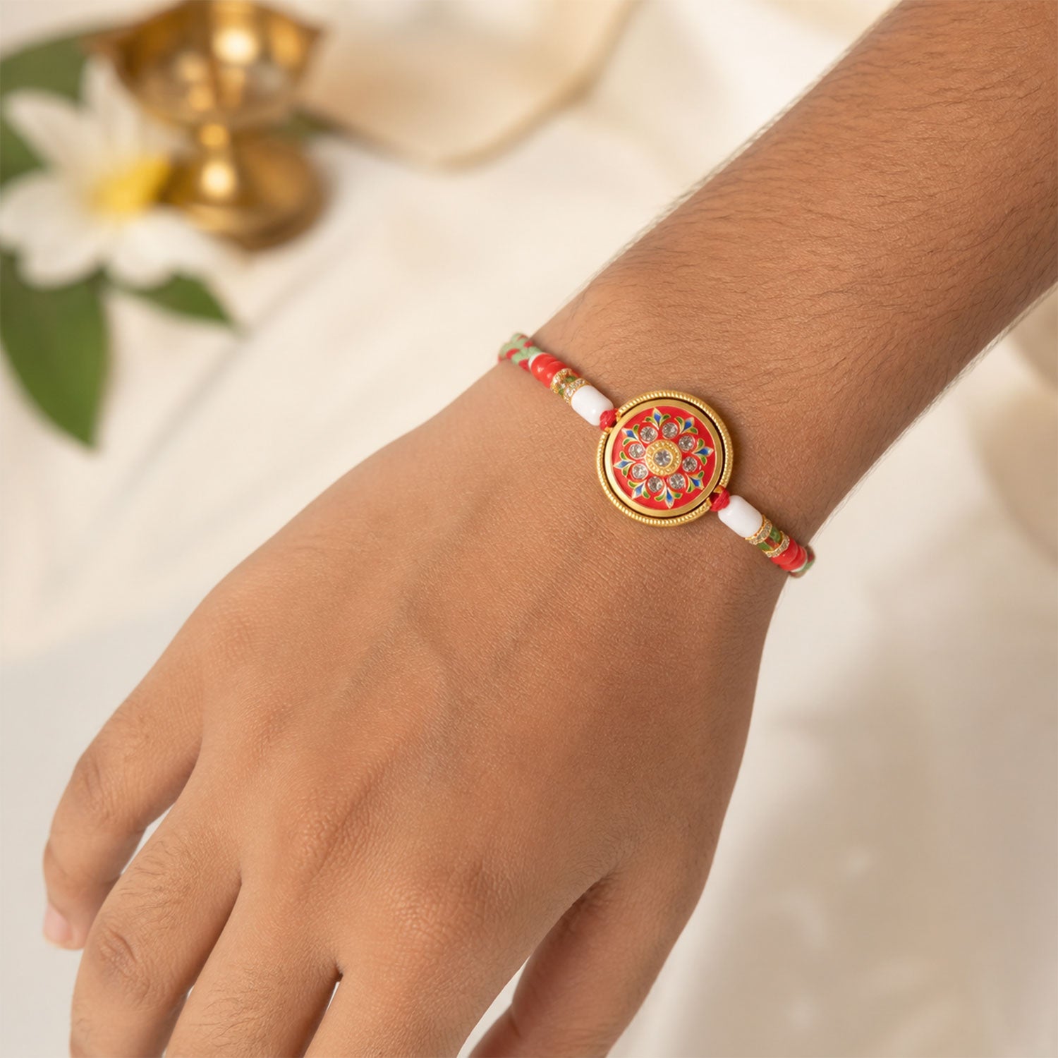 Round Mandala Meenakari Bhai Bhabhi Lumba Rakhi with Pearl Tassels