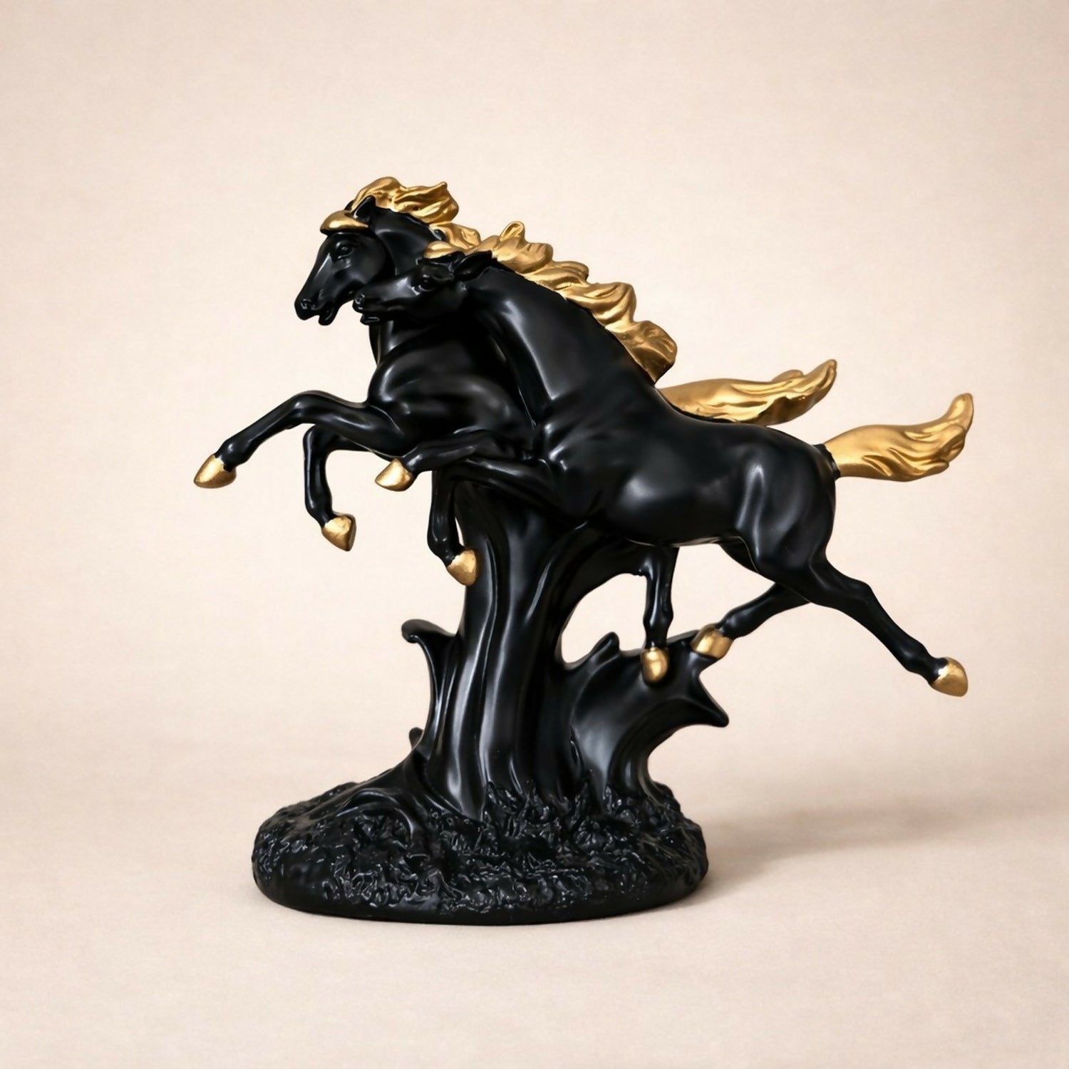 Double Black Horse Showpiece with Golden Mane for Home Decor | Lucky Horse Statue