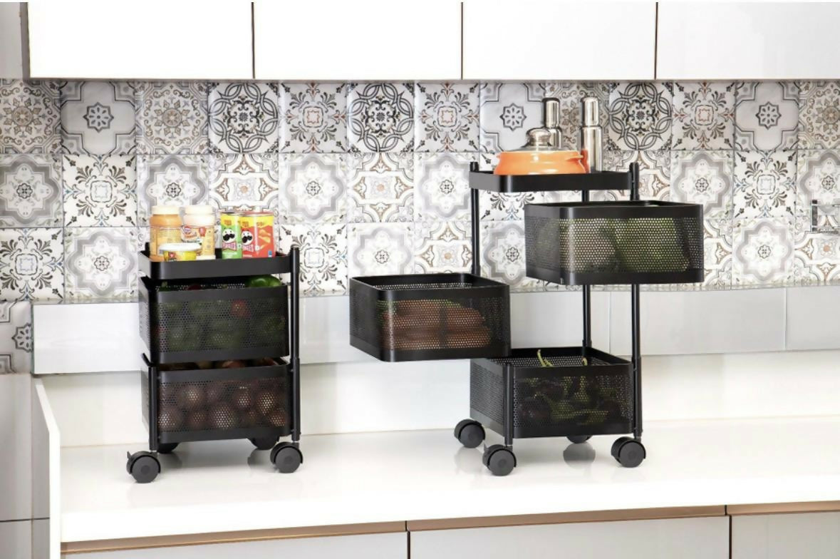 Durable Square 2-Layer Stainless Steel Kitchen Trolley with Ventilated Baskets & Wheels