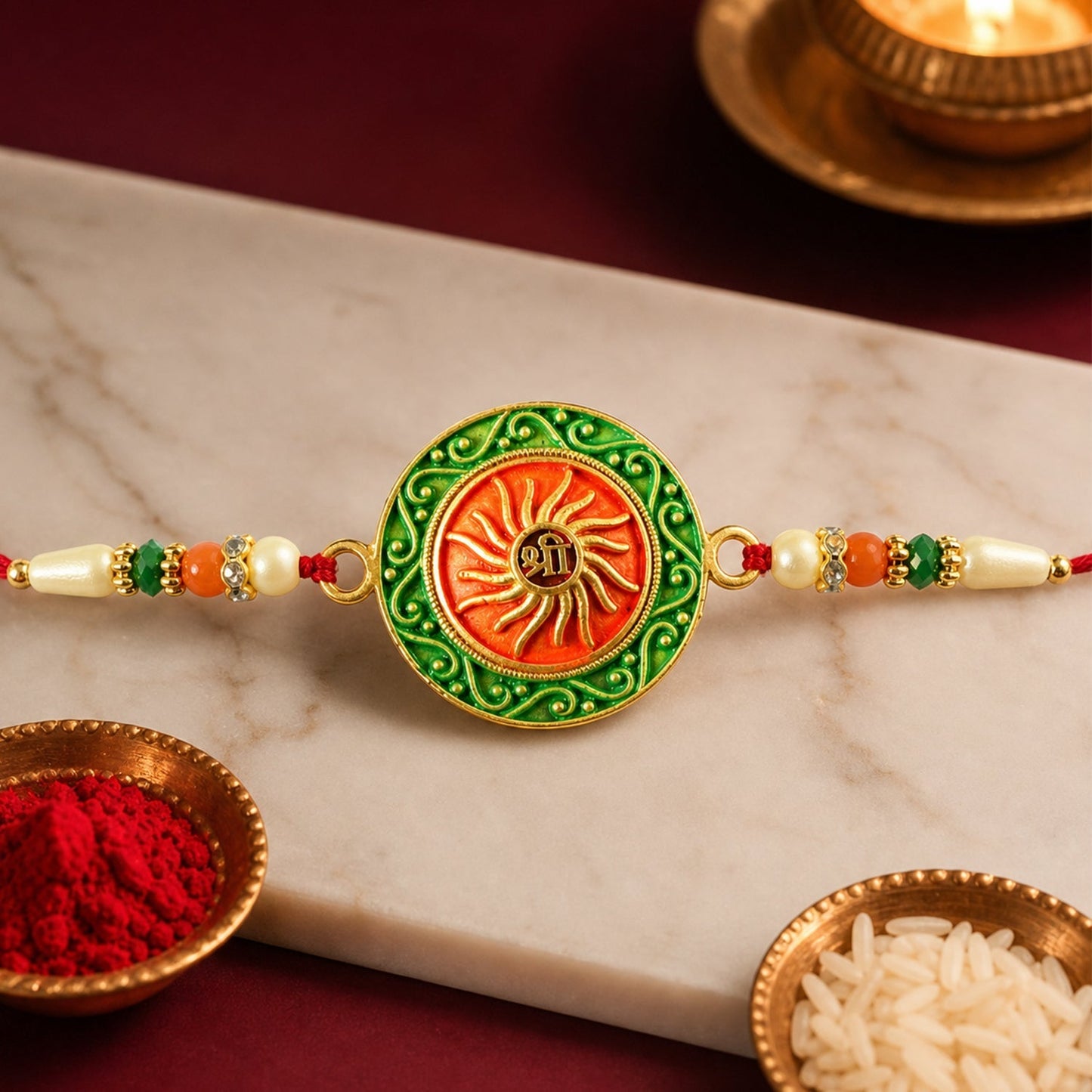 Round Shree Motif Designer Rakhi with Beaded Festive Detailing Work (5pcs)