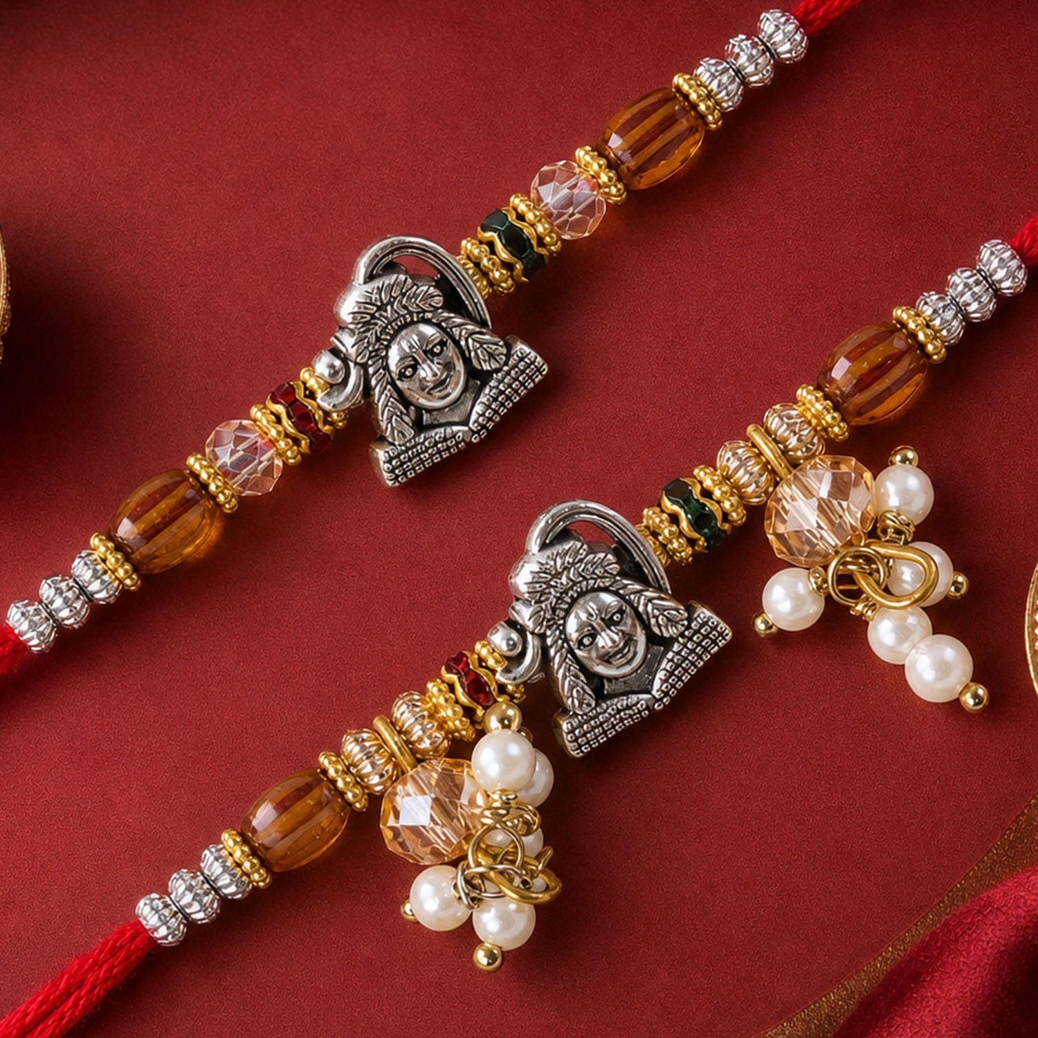 Antique Krishna Couple Rakhi Set with Wooden Beads and Pearl Lumba for Bhaiya Bhabhi