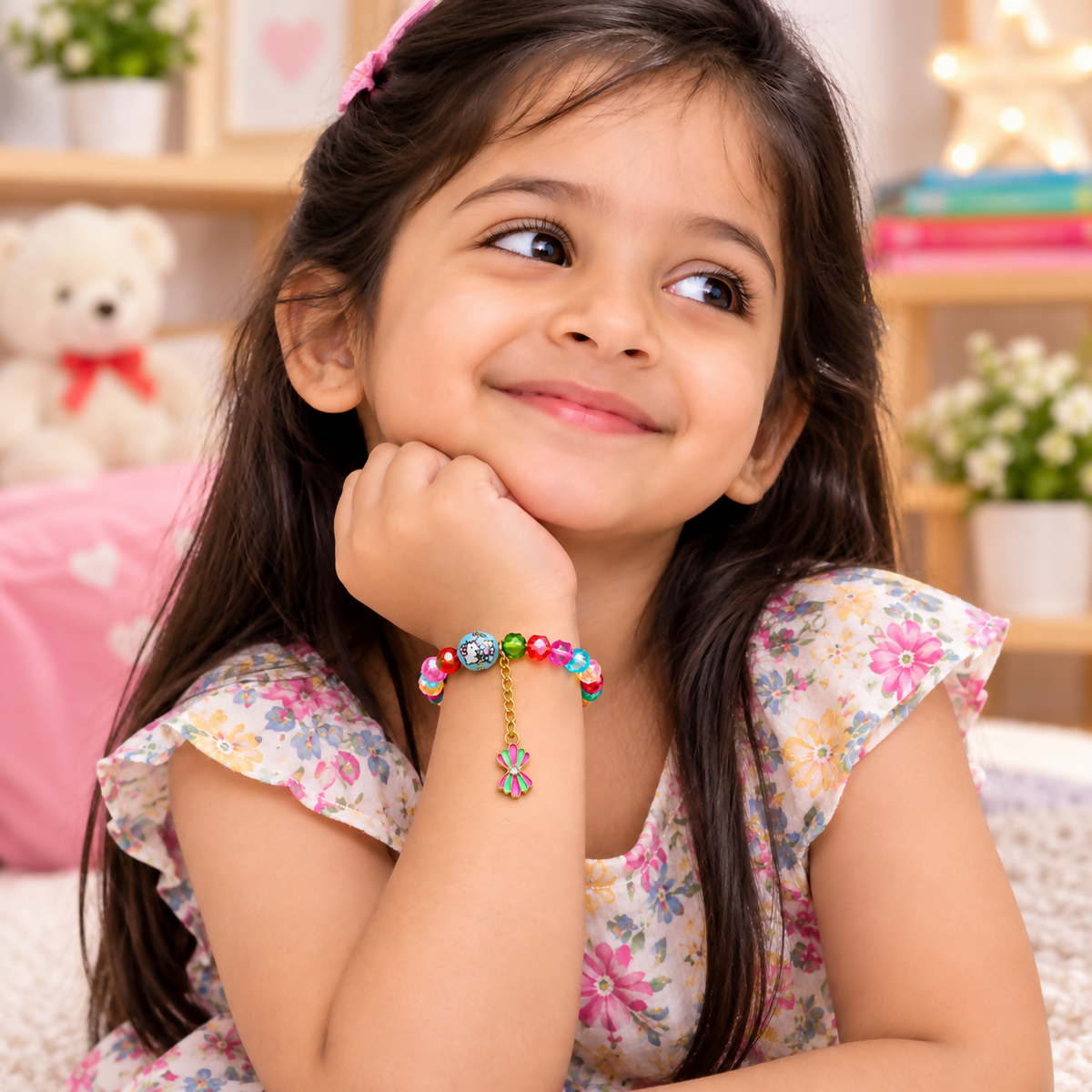 A young girl with long dark hair smiles, wearing a colorful beaded bracelet with a pink bow charm on her wrist.