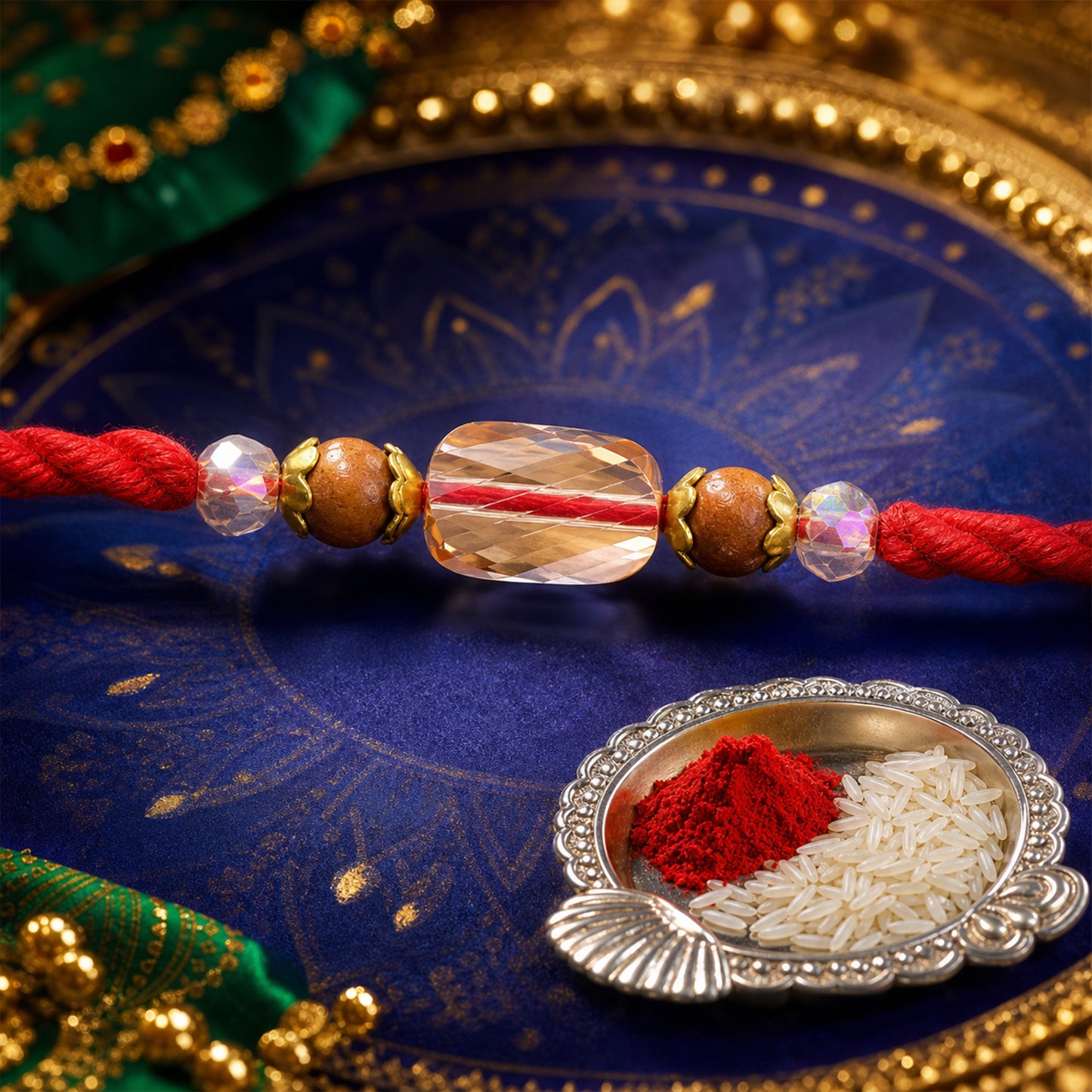 Red Thread Rakhi with Wooden and Sparkling Crystal Bead Pendant