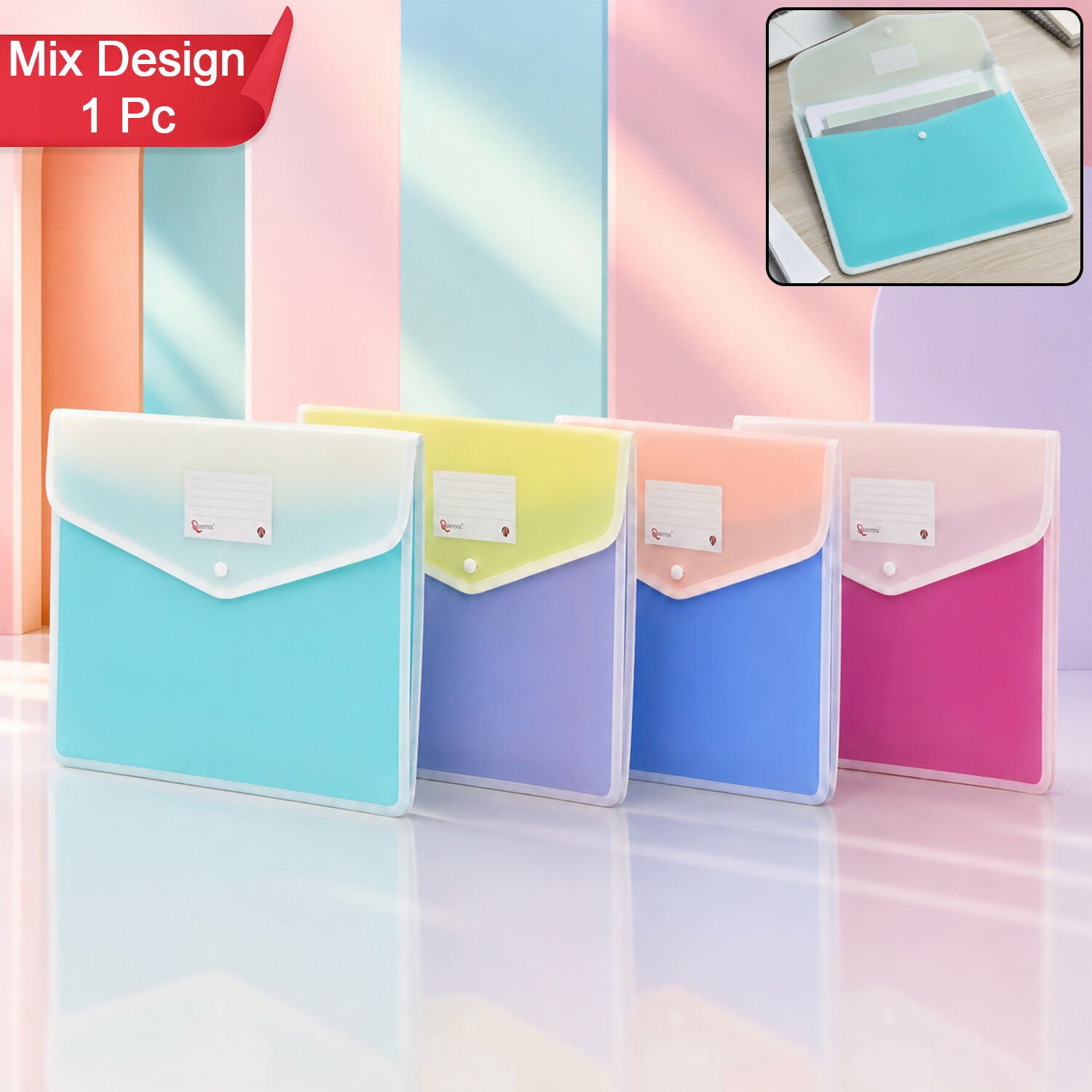 Pastel A4 Expandable Document Folder showing snap button closure