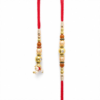 Couple Rakhi Hanging Pair with Pearl Drops, Gold Accents and Beaded Layers