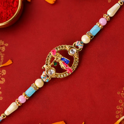 Colorful Circular Charm Rakhi with Pink Blue Beads and Festive Brother Gift Appeal