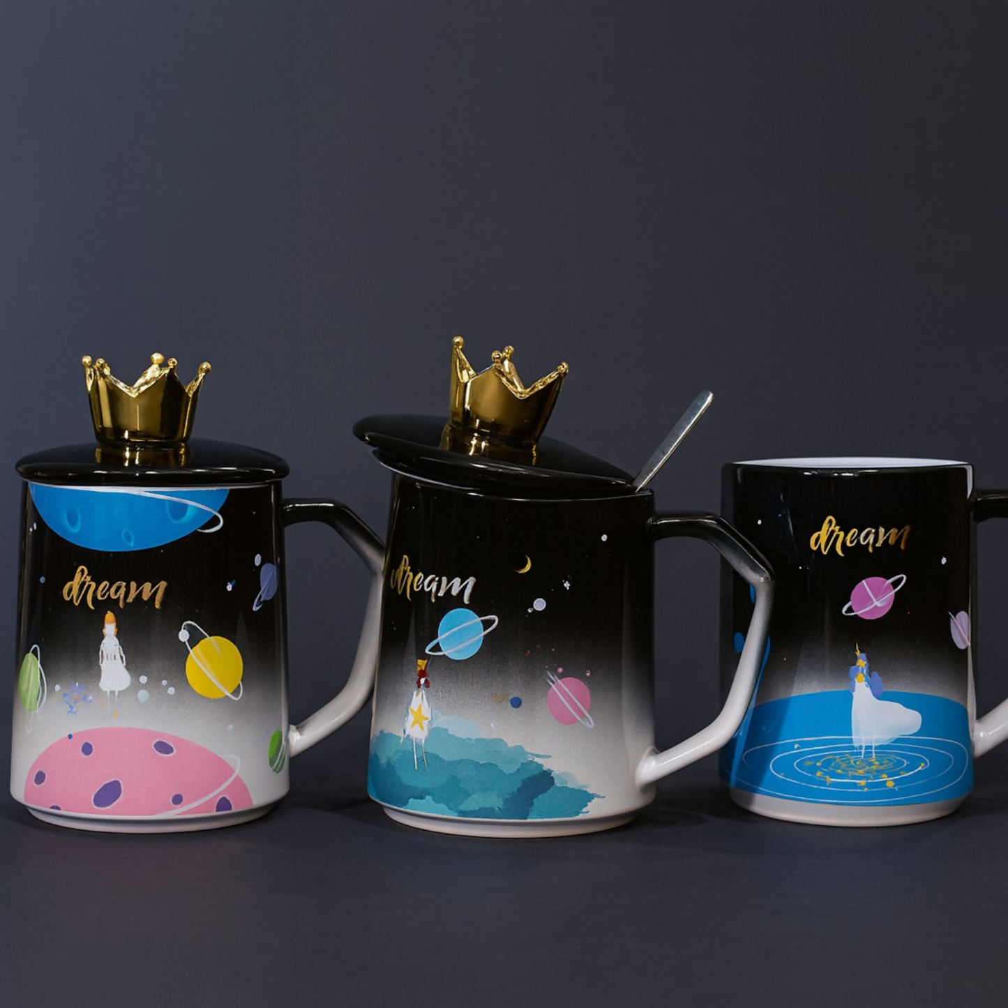 Premium Ceramic Dream Mug with Golden Crown Lid & Spoon | Luxury Galaxy Theme Coffee & Tea Cup for Home, Office & Gifting | Cute Designer Mug with Lid for Hot Beverages | Ideal Birthday, Anniversary & Festive Gift