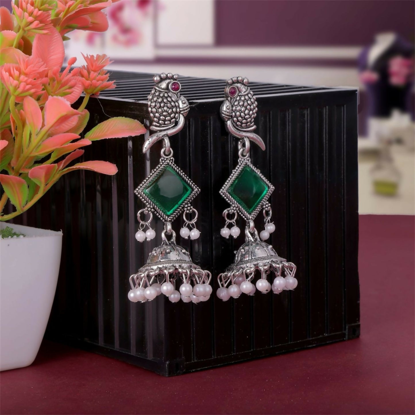 Oxidised Silver Green Stone Parrot Design Jhumka Earrings for Women & Girls