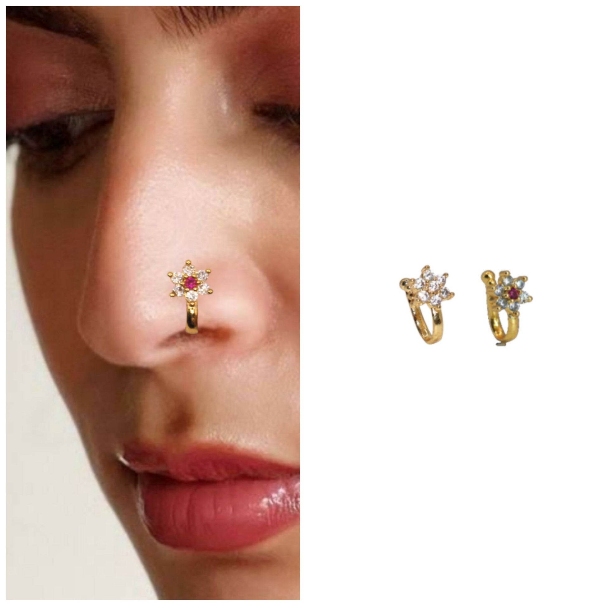 Non-piercing nose ring combo featuring traditional floral and modern cubic zirconia designs