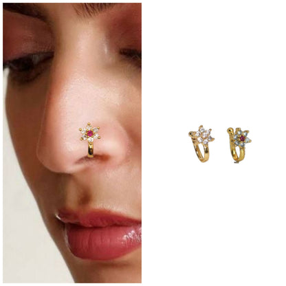 Non-piercing nose ring combo featuring traditional floral and modern cubic zirconia designs