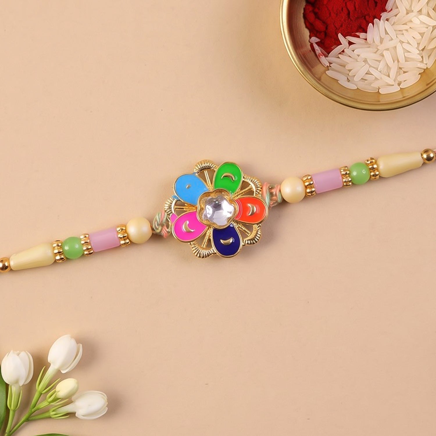 Multicolor Floral Kundan Pendant Rakhi with Pastel Beads