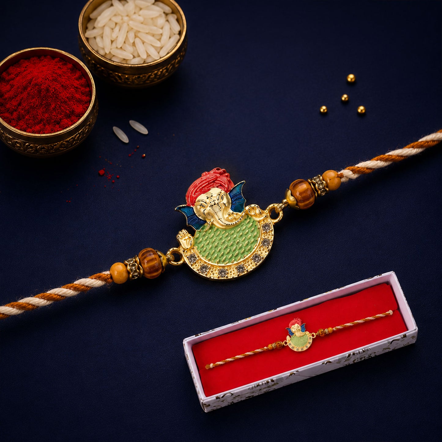 Auspicious Lord Ganesha Designer Meenakari Rakhi for Brother Gift Set