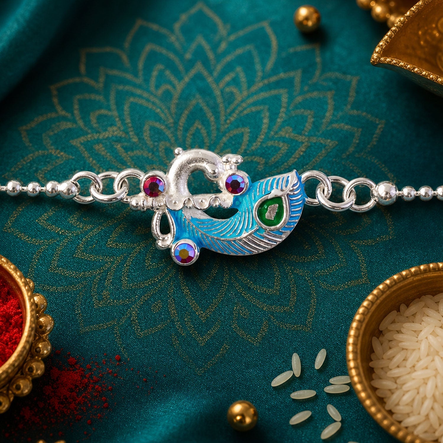 Silver Peacock Enamel Bracelet Elegant Festive Accessory for Raksha Bandhan (5pcs)