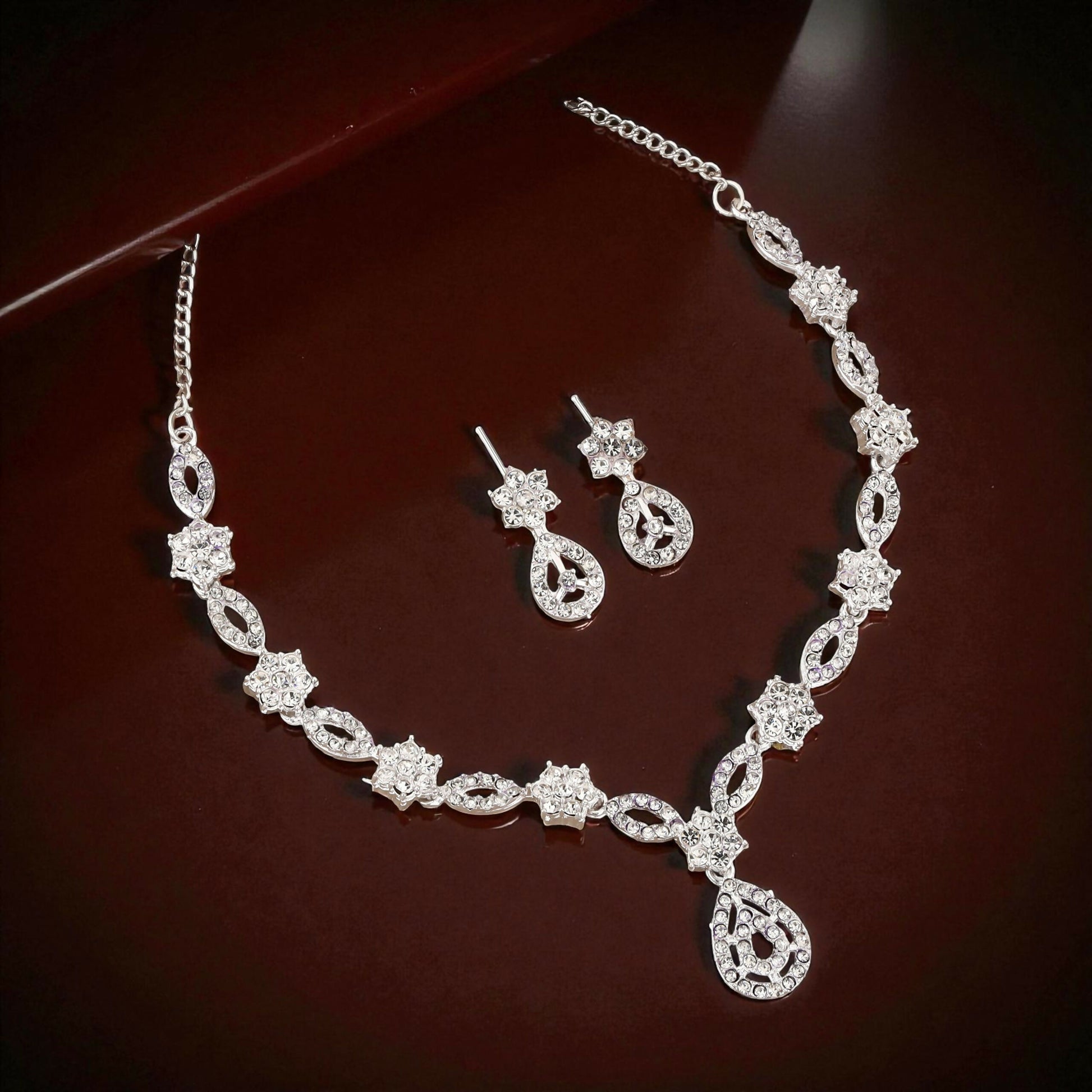 Elegant Crystal & Enamel Leaf Link Necklace Set with Pearl Drop (Multiple Colors)