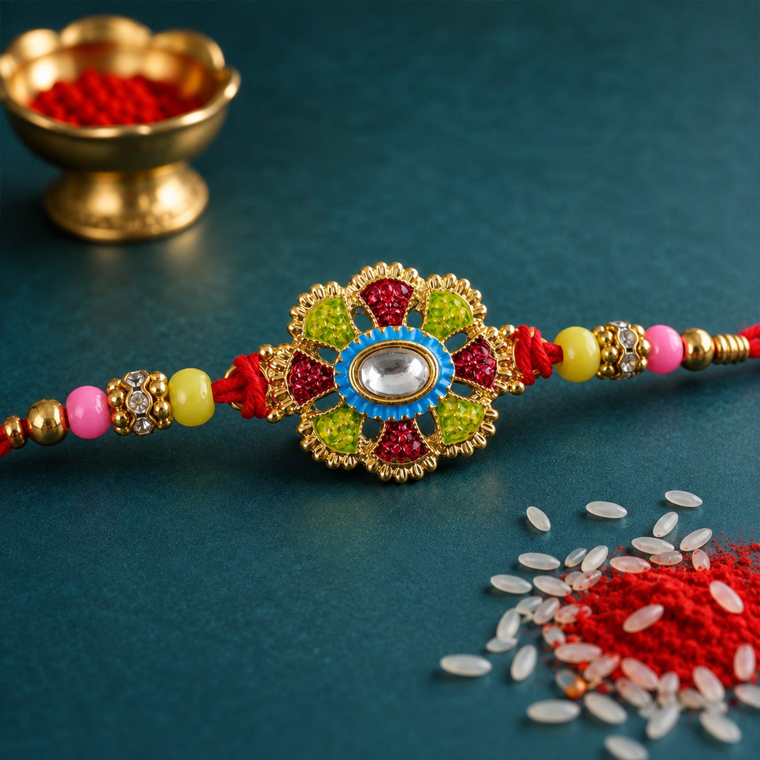 Premium Rakhi with Ornate Floral Medallion and bead line in chain look for Gift Use